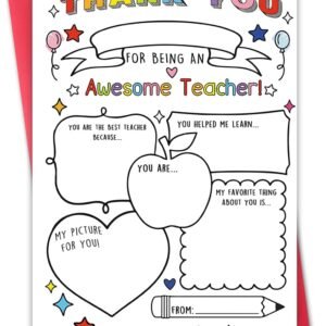 Hongshan Thank You Card for Teacher,Fill in the Blanks,Funny Appreciation Card Gift,Teacher Thank You Gifts Card from School Kids Students with Envelopes